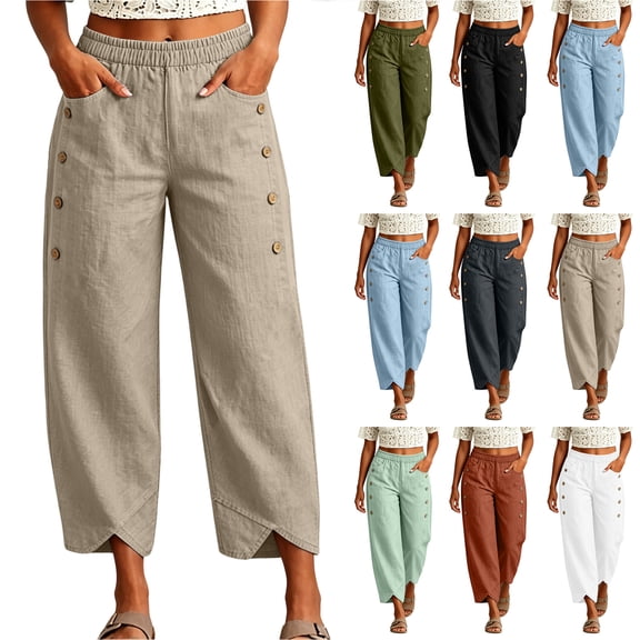 Bloomae Wide Leg Cropped Pants for Women Lightweight Casual Elastic High Waist Comfy Ankle Length Lounge Trousers Loose Fit Beach Vacation Pants with Pockets