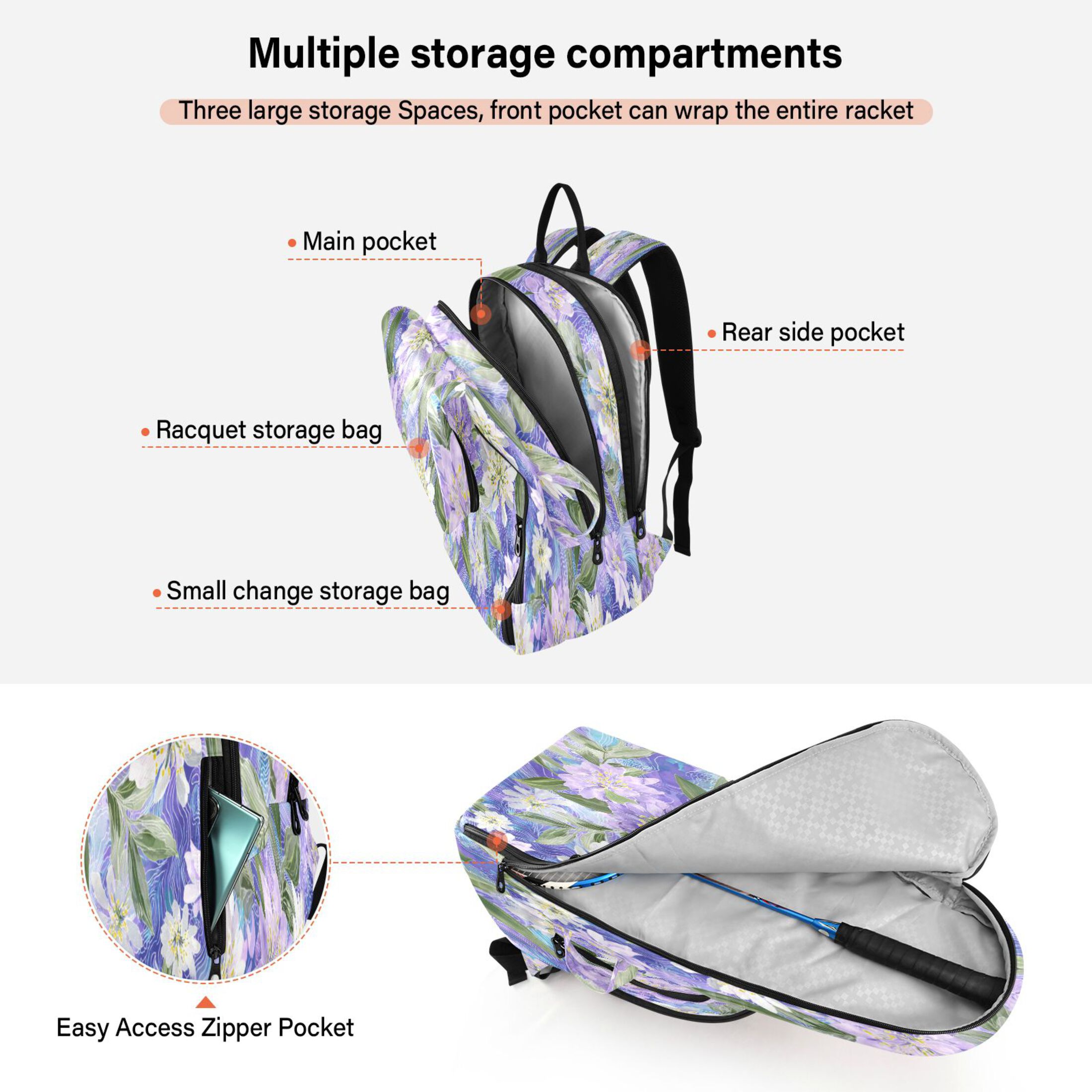2 Racquet Holder Tennis Backpack Tennis Racket Covers Gym Bags Elegant Purple Daffodil Pattern