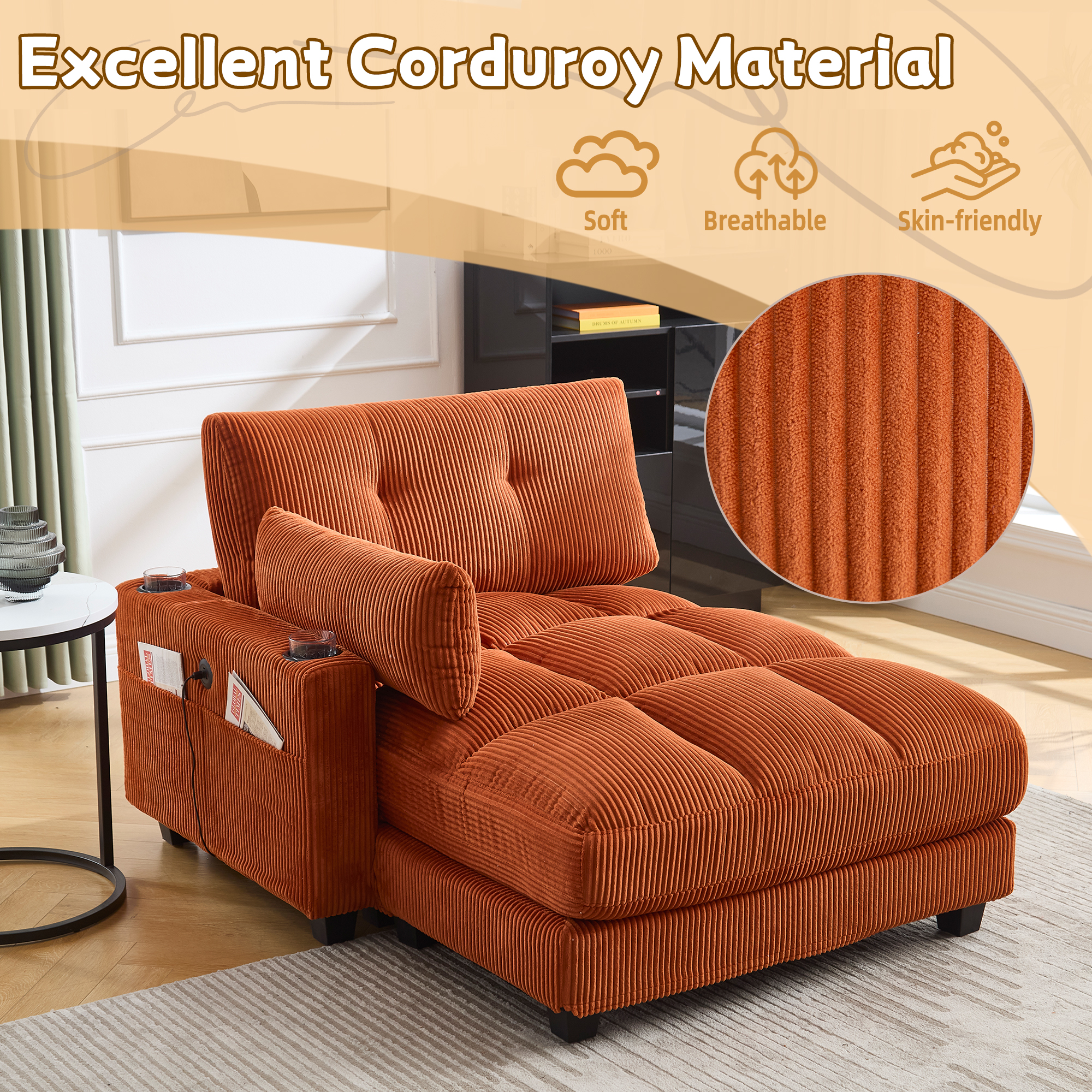 MOONMISS Corduroy Upholstered Soft Deep Seat Sleeper Sofa with USB,TYPE-C&2 Cup Holders-Orange