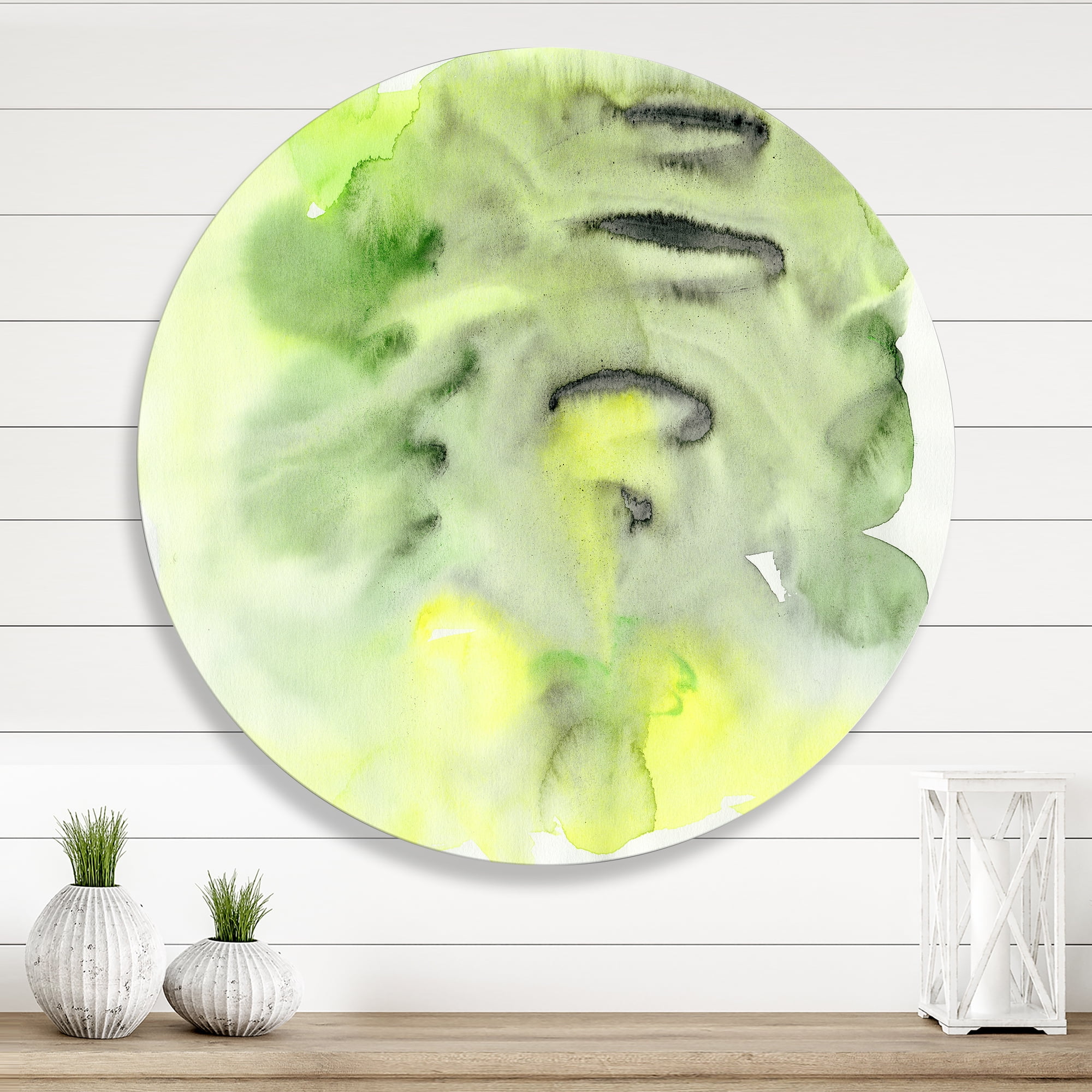 Designart 'Abstract Pond of Yellow and Green' Modern Circle Metal Wall Art 23x23 - Disc of 23