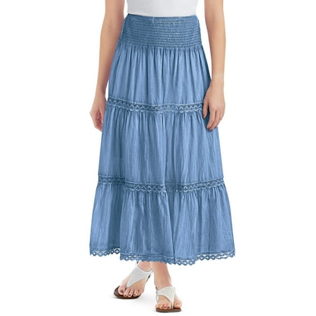 Lace Trimmed Tiered Pull-On Skirt with Wide Elastic Waistband - Stylish Seasonal Skirt for Everyday Wear