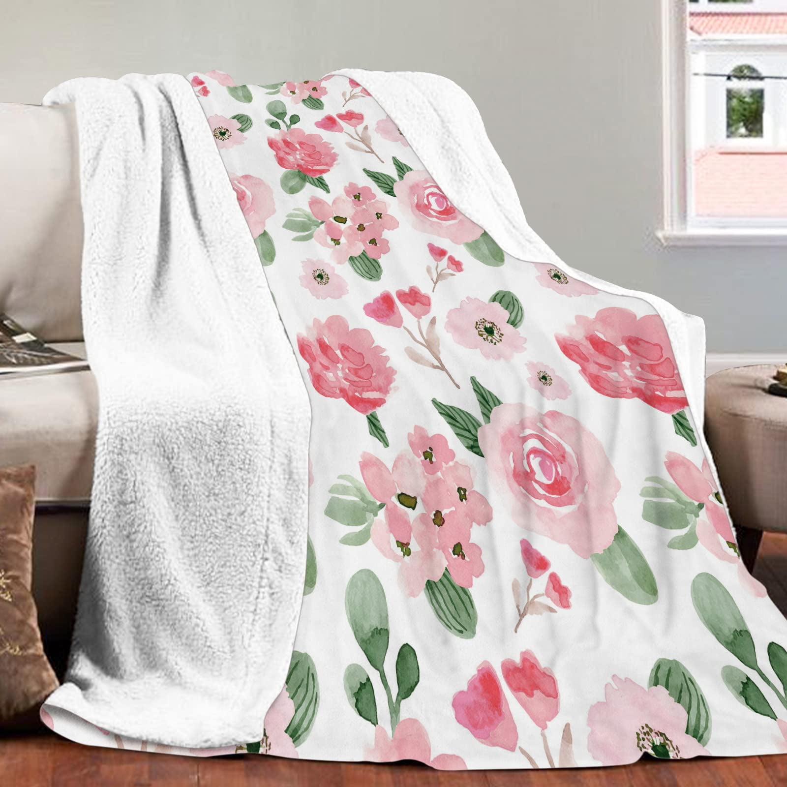 Floral Throw Blanket, Pink Rose Floral Throw Blanket, Soft Cozy Flannel Flower Blankets, Fluffy Fuzzy Rosebuds Wildflowers Print Blankets for Girls Women Gifts Home Sofa Couch Bed Decor,(40"x50")