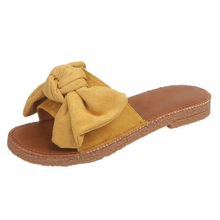 

Sandals Women Bow Decor Slide Sandals For Women Casual Bohemian Sandals Beach Shoes Flats Womens Sandals Flock Yellow 37