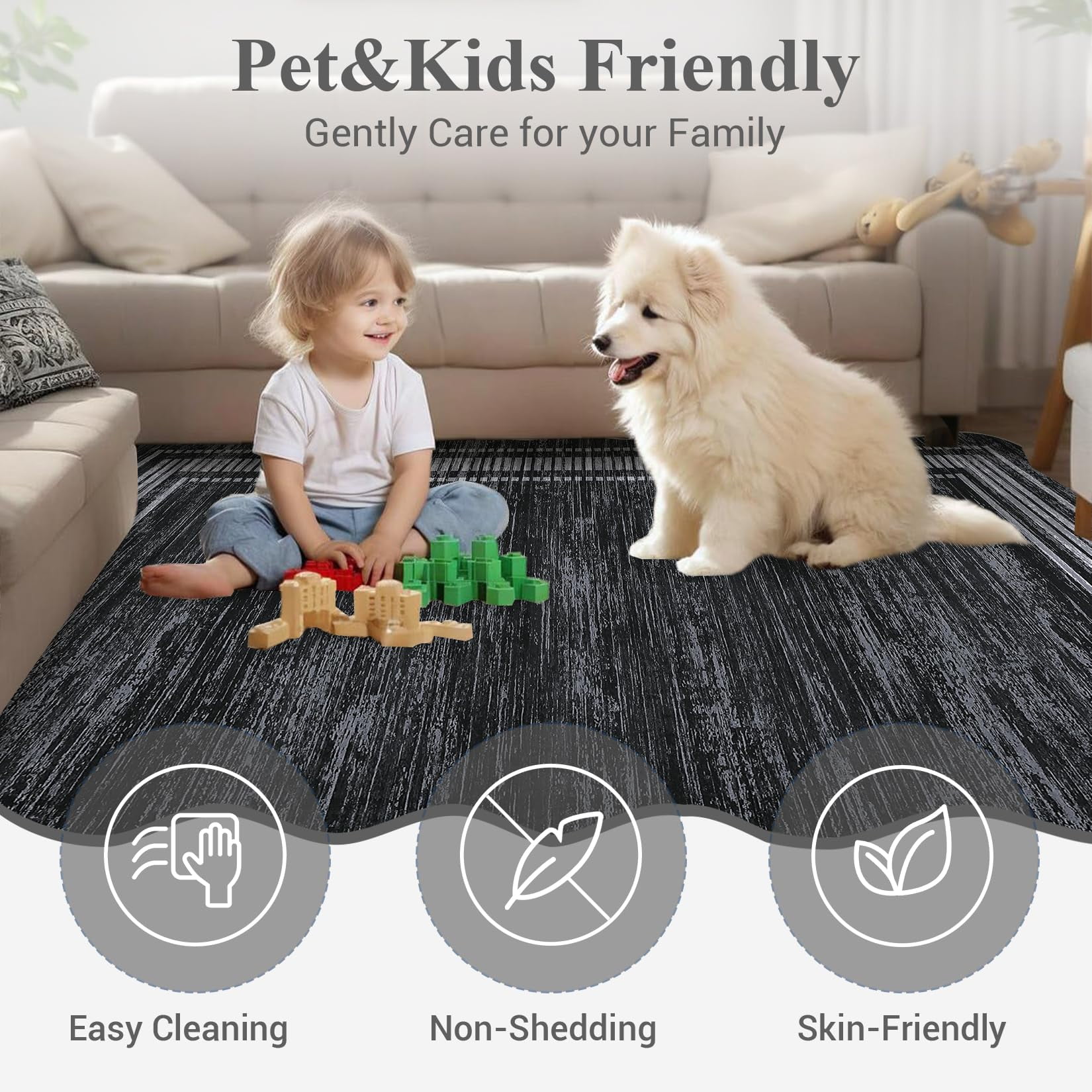 5x7 Washable Rugs Non Slip Scalloped Area Rug for Bedroom Soft Low Pile Solid Large Bedroom Throw Carpet Stain Resistant Classic Neutral Area Rug Boho Rugs for Kitchen Nursery, Black
