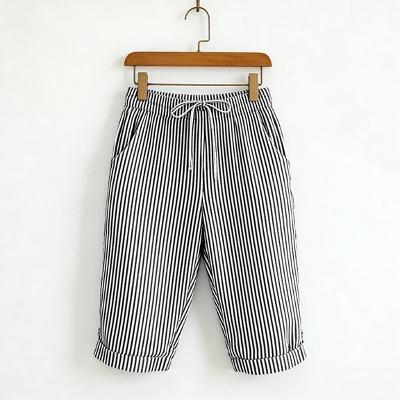 Summer Shorts for Women with Pockets 100% Cotton Stripe Elastic Loose Straight Half Shorts