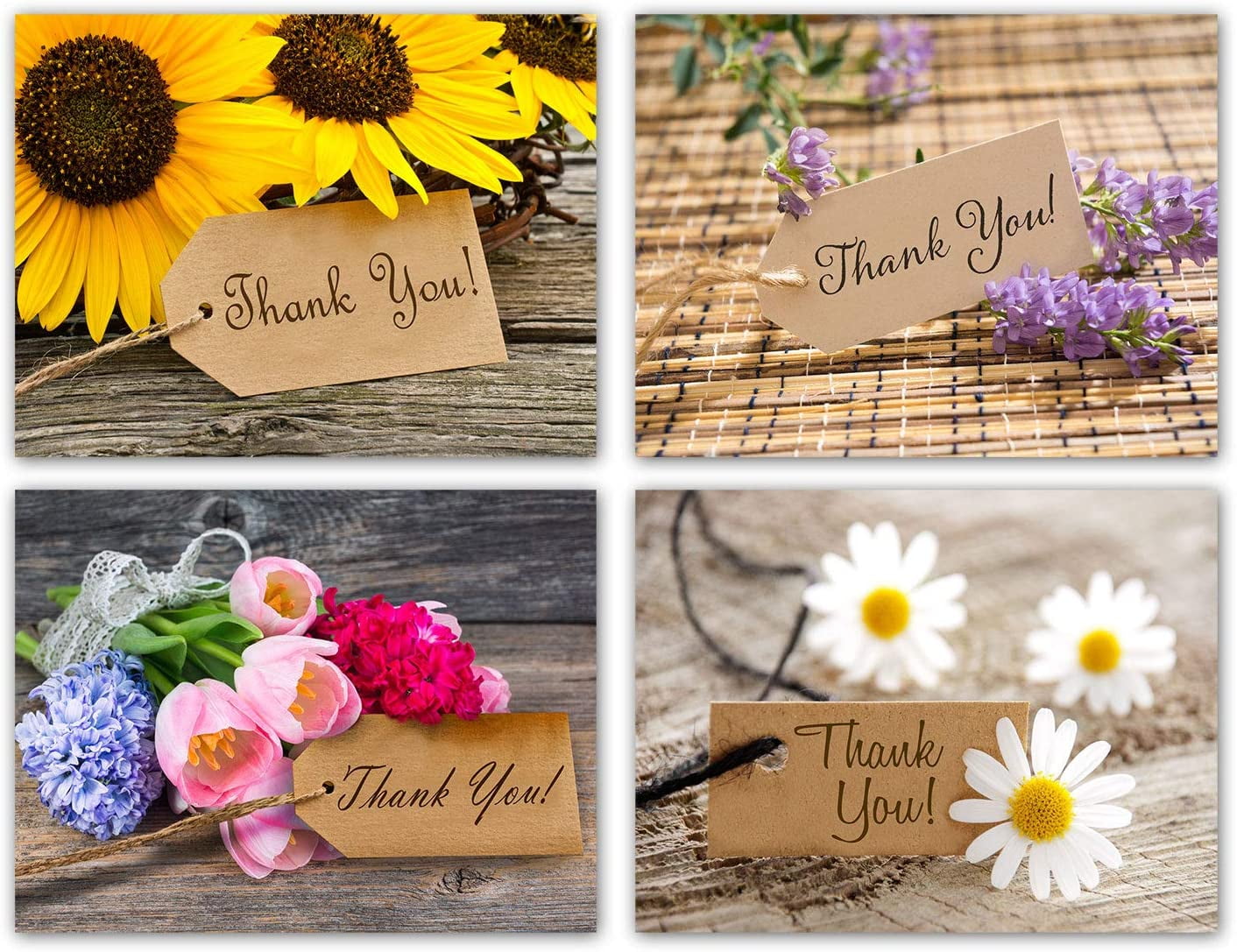 Flower Thank You Greeting Cards - 4 Unique Designs - Blank on the Inside - Includes 12 Cards and Envelopes - 5.5' x 4.25'(12 Pack)