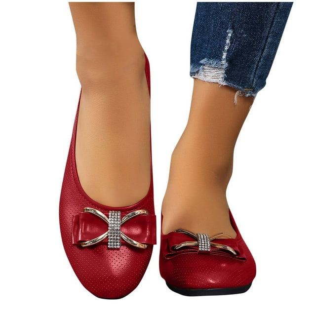 Xfvqtps Womens Comfortable Wedge Flats Breathable Round Toe Slip on Shoes with Rhinestones Lightweight Casual Shoes Red