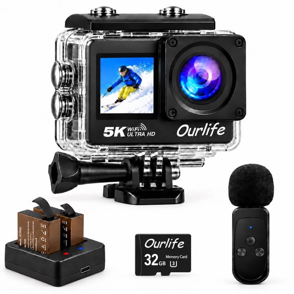 Action Camera 5K 30FPS Waterproof Camera Underwater 131FT with Eis, 2" Touch Dual Screen, Wireless Microphone, Vlog Camera for Diving Cycling Outdoor