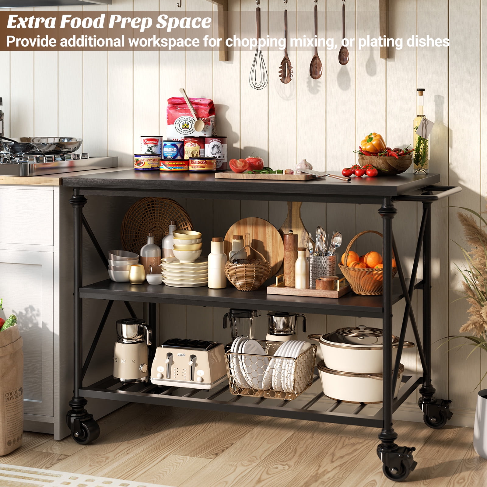 Homieasy Industrial Mobile Kitchen Island Cart with Wheels: 3-Tier Storage, Lockable Casters for Kitchen, Dining & Small Spaces,Black