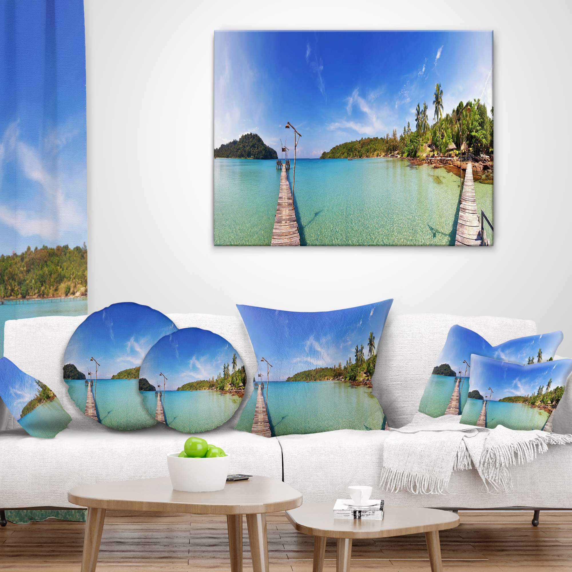 Designart Piers and Palm Trees on Island - Landscape Photography Throw Pillow - 18x18