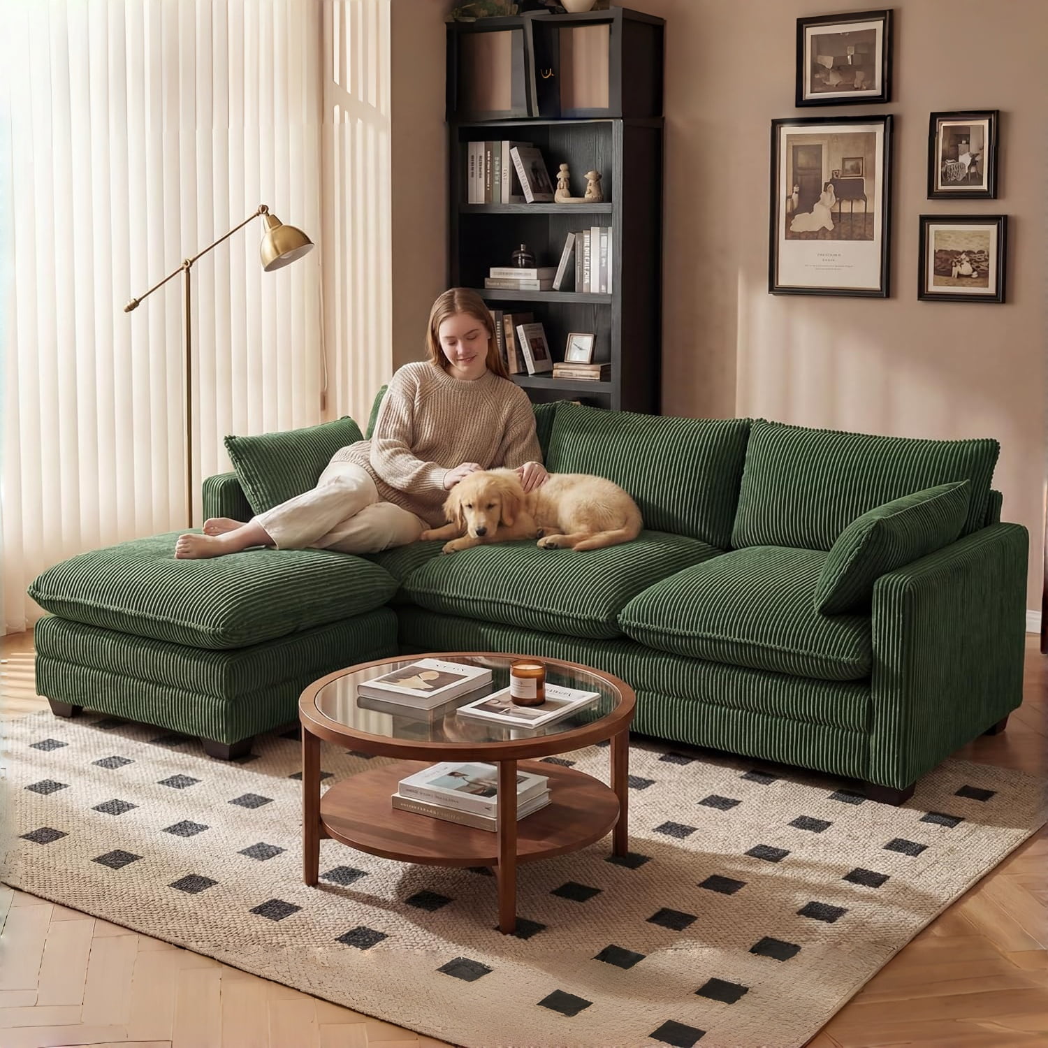 110.2" Cloud Couch Sectional, Lofka Modern Modular Sofa with Deep Seat, Upholstered Living Room Furniture Set with Movable Ottoman and 2 Throw Pillows, Green Couch