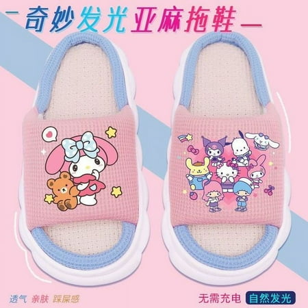 

2024 New Sanrio Cute Girl Slippershellokitty Kuromi Purin Cinnamoroll Girl Linen Slippers Home Non-slip Thick Sole