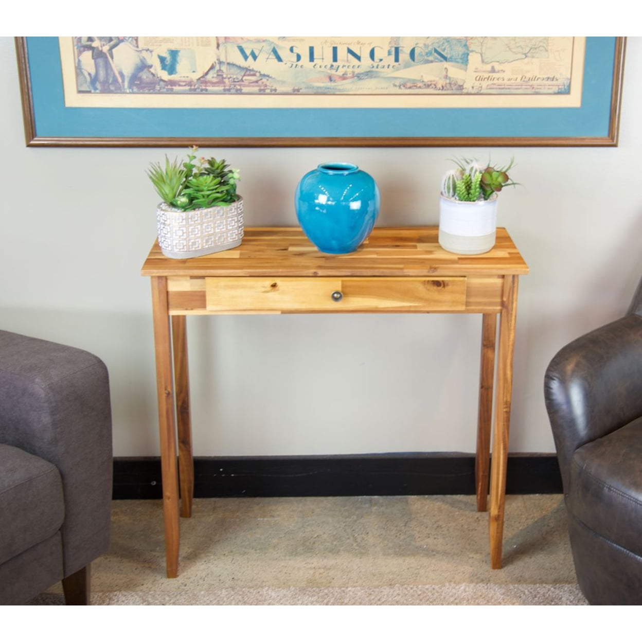 Casual Contemporary Living Solid Acacia Console Table with Drawer- Natural