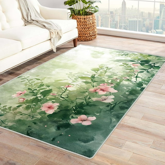 Floral Rugs for Living Room - Floral Rug & Home Decor, Watercolor Flower Rugs for Living Room Bedroom, Washable Rugs, 6x9 Rug, Non Slip Soft Large Indoor Area Rug, Girls Spring Carpet