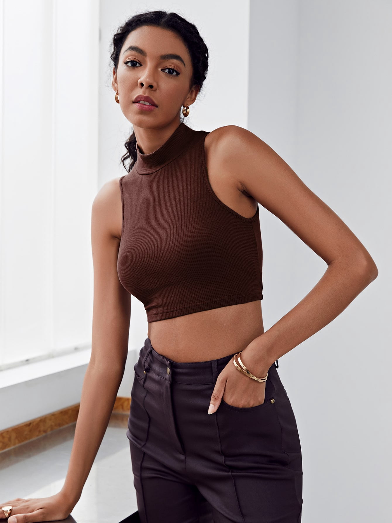Mock Neck Rib knit Crop Tank Top 