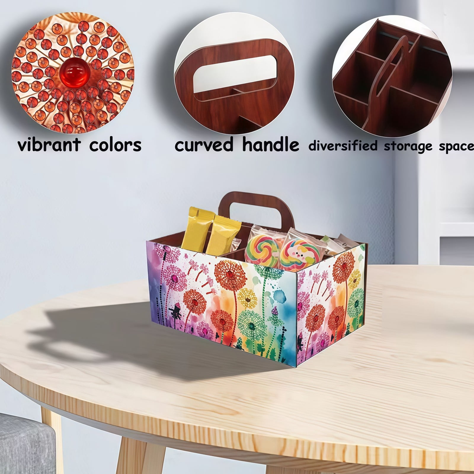 FLOPESN DIY Dandelion Diamond Art Painting 5 compartments Wooden Storage Box, 9.44*8.14in, Practical Rectangular Assembly Portable Multi-Grid Box