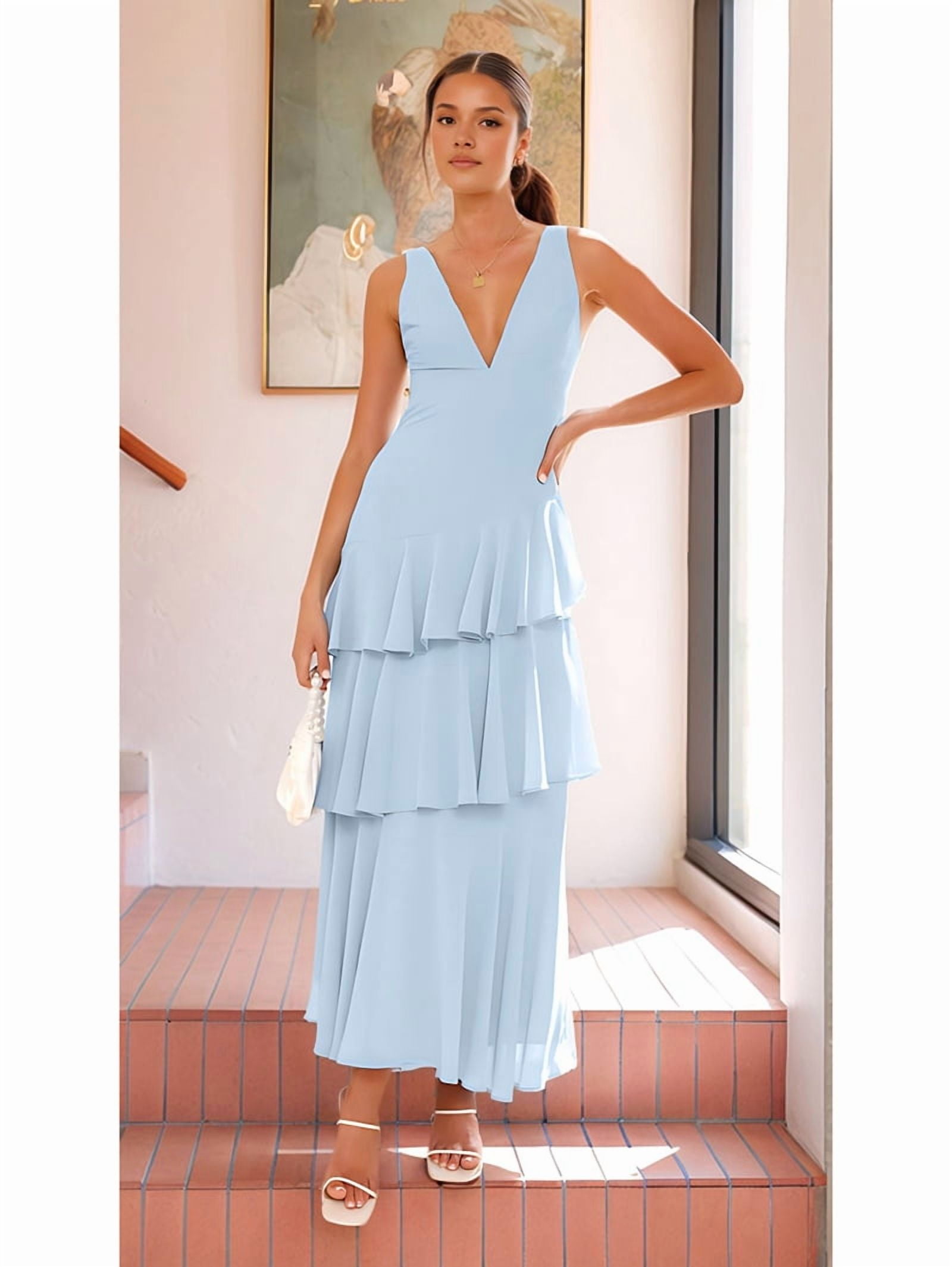 Tiered Chiffon Bridesmaid Dresses for Women Ruffle Formal Evening Dresses Long with Pleated Blue XL