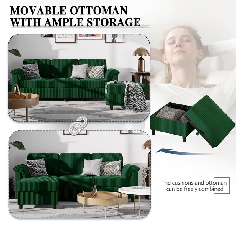 Walsunny 79" Convertible Sectional Sofa, L Shaped Sofa Couch with Reversible Chaise for Living Room Modern Linen Fabric for Living Room, Green