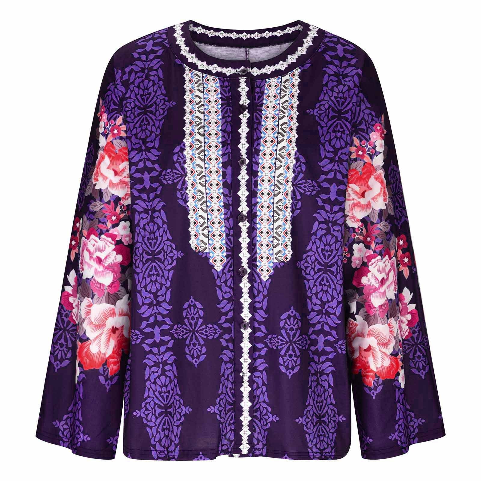 XFLWAM Womens Tops Button Down Shirts Boho Abstract Print Lantern Long  Sleeve Blouses for Women Fashion 2023 Purple XL 