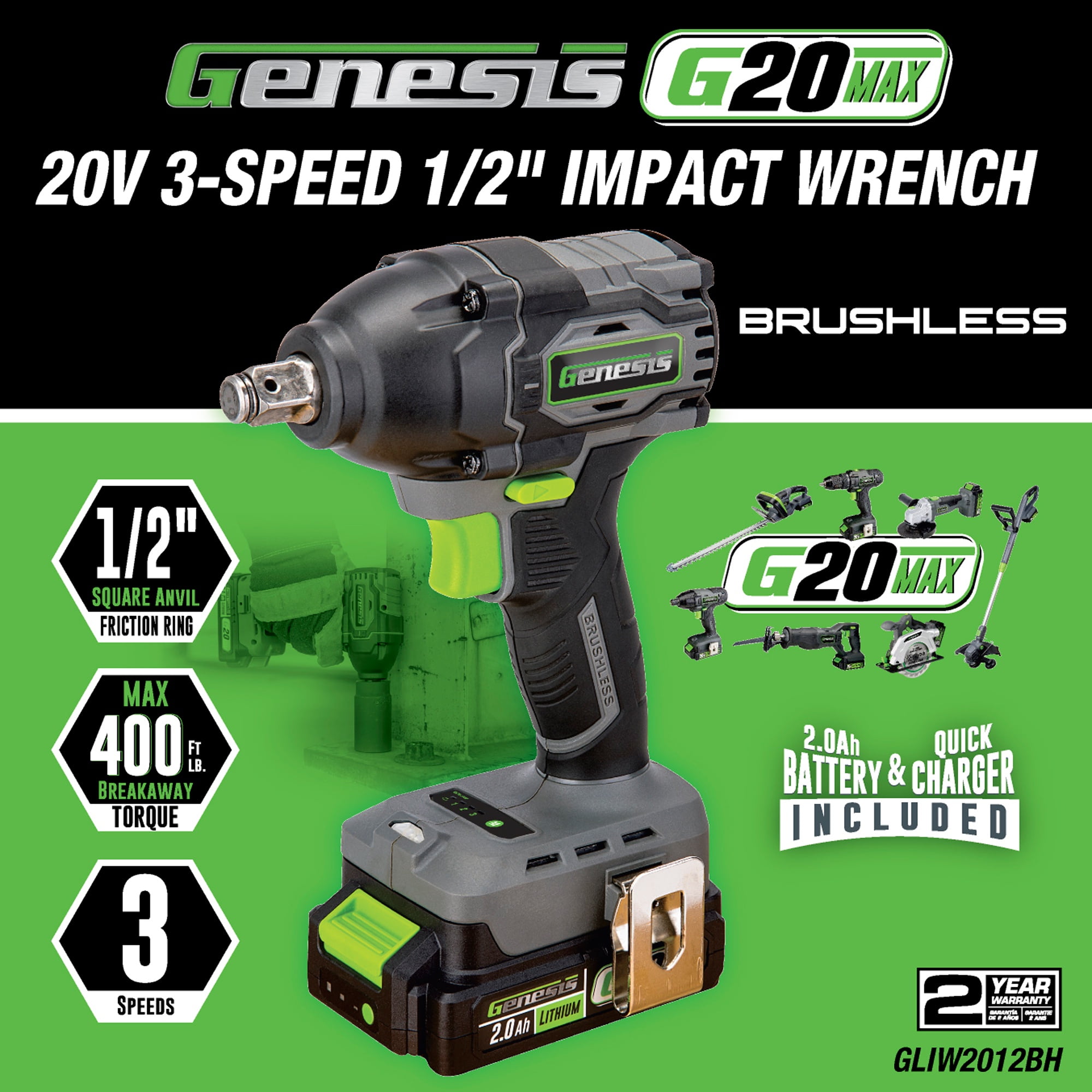 Genesis G20MAX 20V Brushless 1/2" Impact Wrench, 3 Speed, 400 ft-lbs torque, Auto Stop feature, with 2.0Ah Battery and Charger GLIW2012BH