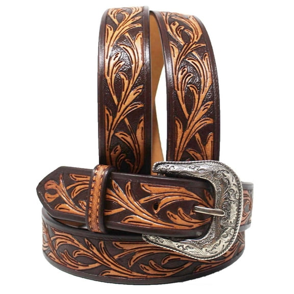 34  1-1/2" Wide Western Cowboy Antique Floral Tooled Full-Grain Brown Leather Belt 2676RS