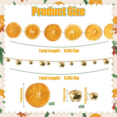 SHILIU-Dried Orange Slice Christmas Fall Garland 2Pcs Dehydrated Orange Hanging Ornaments with Bell Charm Lanyard Rustic Farmhouse Decor for Xmas Tree Fireplace Door Winter Party Supplies