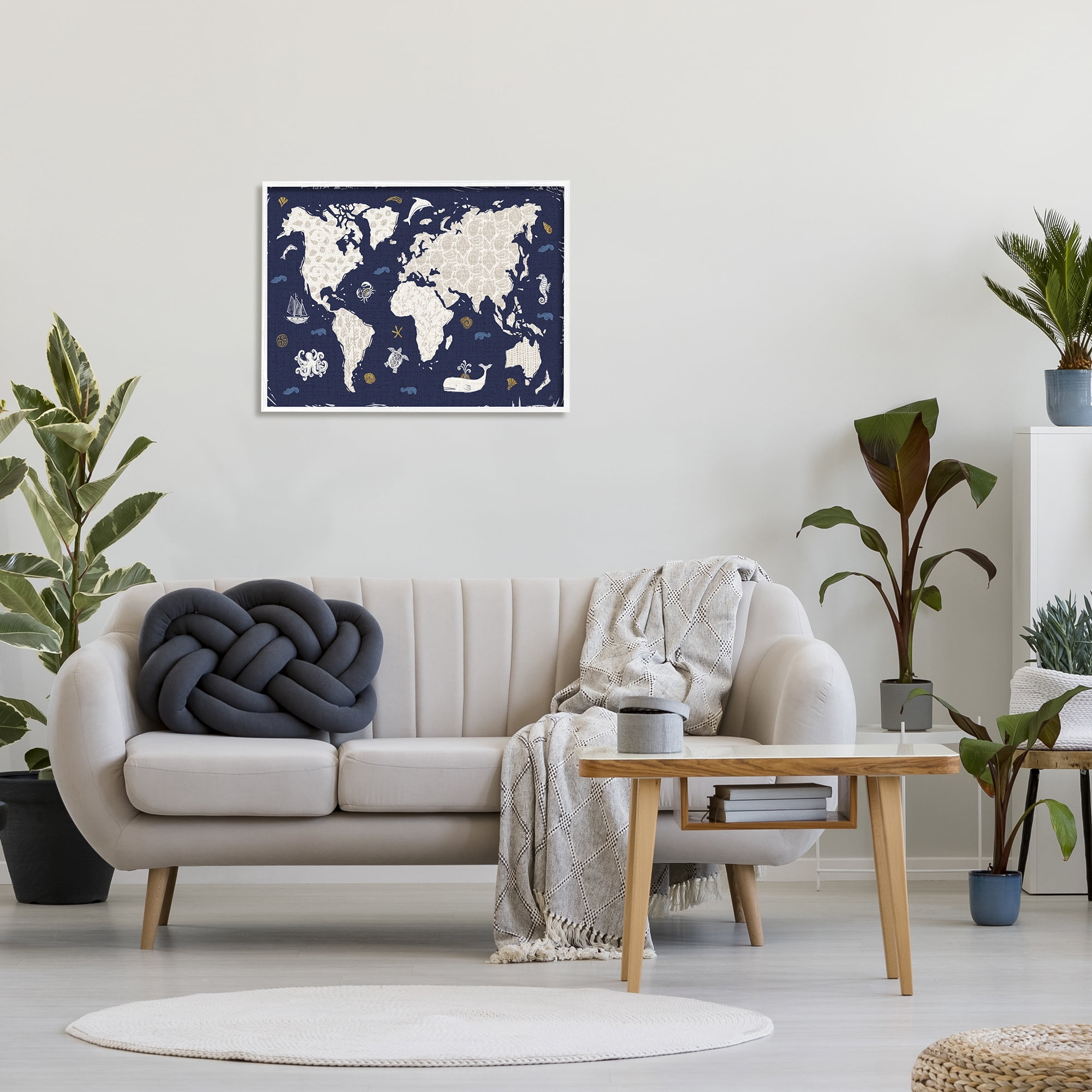 Stupell Industries Blue Patterned World Map Animals & Insects Painting White Framed Art Print Wall Art, 30 x 24