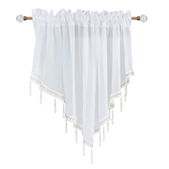 Beaded Sheer Windows Valance 51.1 In W x 23.6 In L, Scalloped Kitchen Curtain, Bathroom Swag Sheer with Rod Pocket, Short Valance Drape for Bedroom Living Room