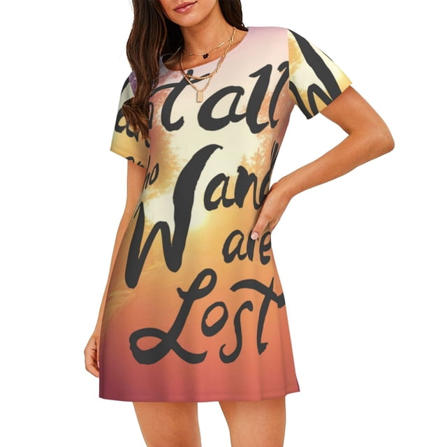 Fotbe Not All Who Wander Are Lost Bata de Dormir para Mujer con Estampado, Camisón de Algodón de Manga Corta, Ropa de Dormir Casual