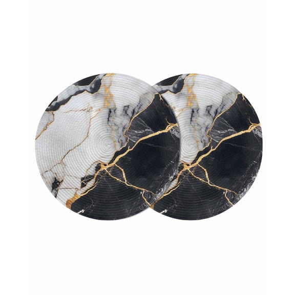 Marble Black Round Placemats Set of 2 for Dinning Tables,Heat-proof Braided Table Mats 15 Inch,Abstract Gold White Brick Stone Motif Washable Place Mat for Kitchen Restaurant Party Table Decor