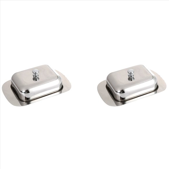 2X Luxious Stainless Steel Butter Dish Box Container Shiny Cheese Server Storage Keeper Tray with Easy to Hold Lid,2 x Butter Dish Box Container,silver