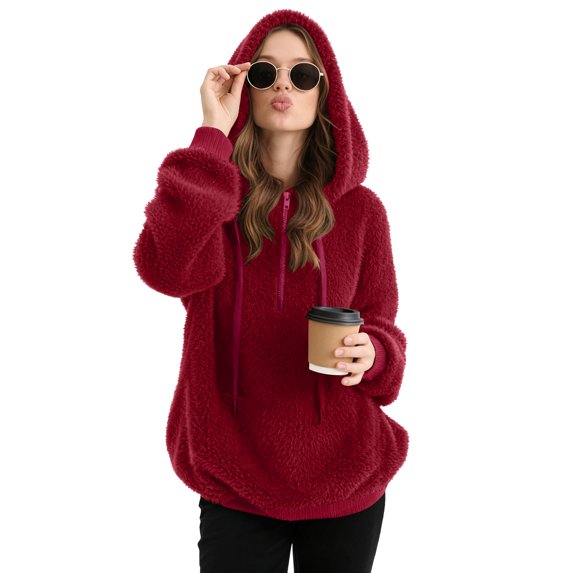 GEWSEY Womens Fuzzy Fleece Pullover Oversized Sherpa Jacket Half Zip Pullover Sweaters Winter Faux Fur Jacket Coat (Wine, 4XL)