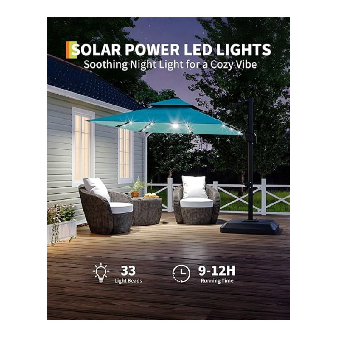 10' x 10' Heavy Duty Cantilever Patio Umbrella with LED Lights & Weighted Base, Square Aluminum Offset Umbrella 360-Degree Rotation for Outdoor Decor, Backyard, Deck, Pool