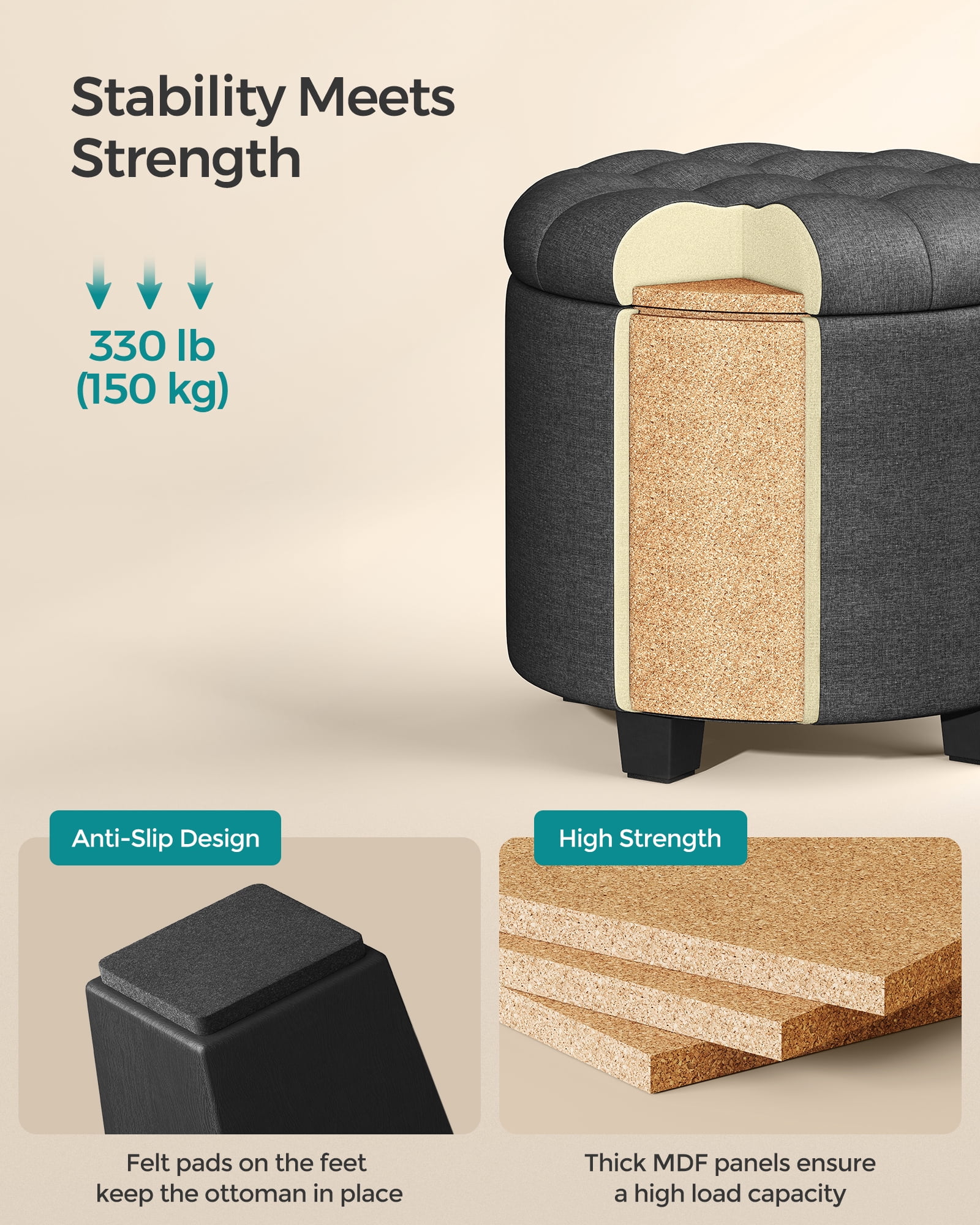 SONGMICS Round Storage Ottoman with Sturdy Legs, 17.7 Inch Diameter Foot Rest, Footstool Holds 330 lbs, Dark Gray