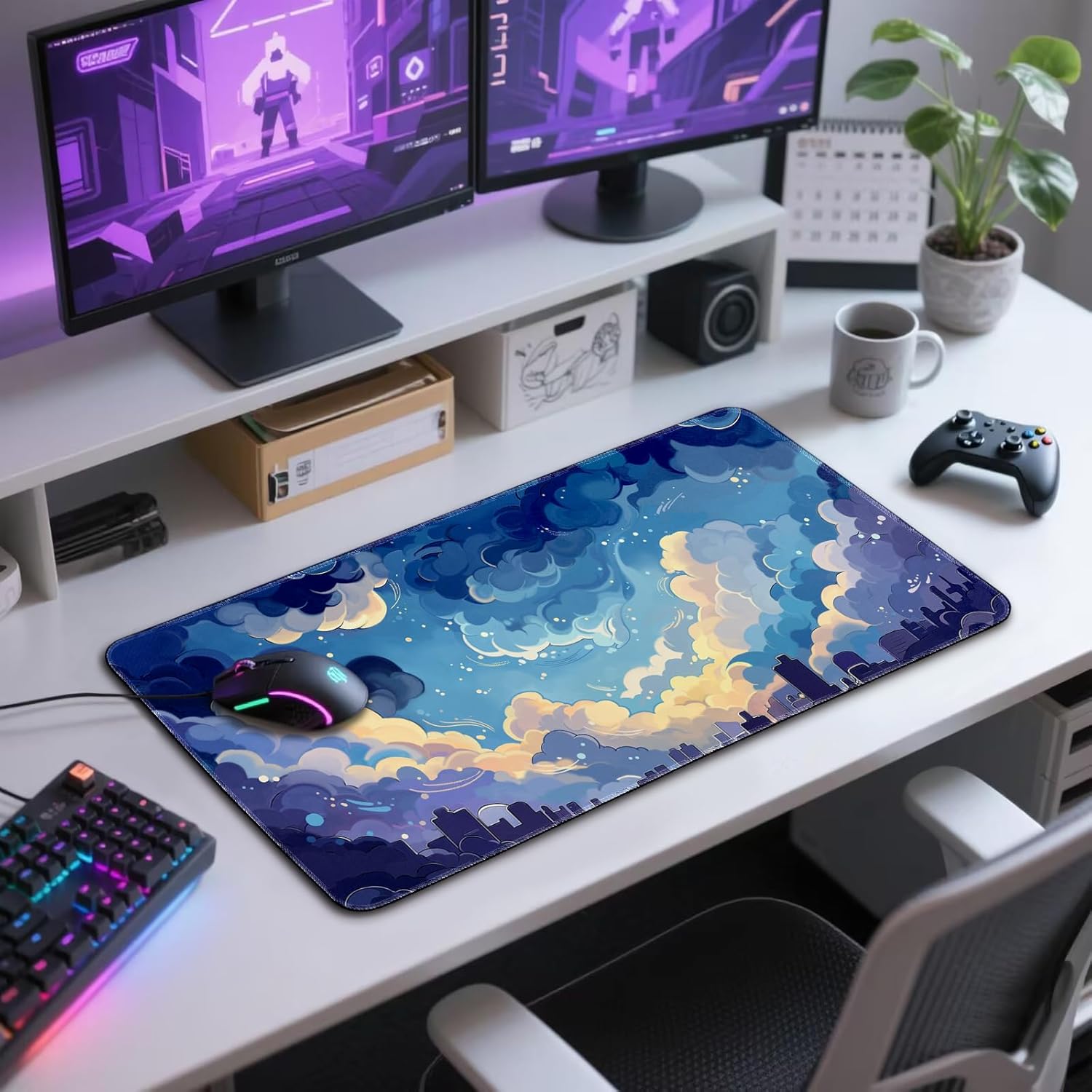 Blue Nebula Aesthetic Large Gaming Mouse Pad 31.5"x15.7"｜XXL Desk Mat, Non-Slip Rubber Base & Stitched Edges - Extended Waterproof Mousepad for PC/Laptop/Office/Home Decor