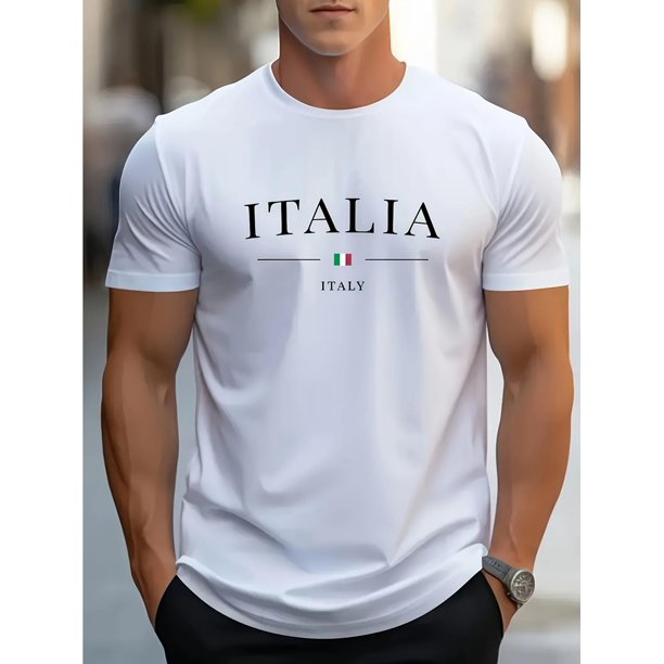 1pc Men'S Fashion Novelty T-Shirt, Italy Print, Cotton, Short Sleeve, Crew Neck, Casual Sports Tee, Knitted Fabric