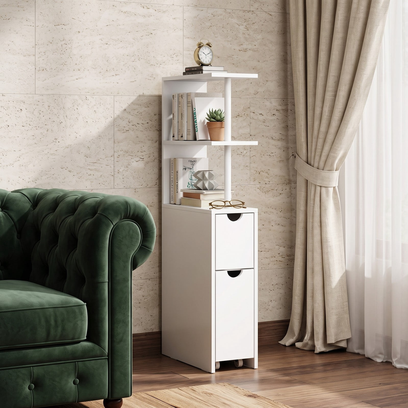 Fenbeli Slim Freestanding Bathroom Storage Cabinet, Narrow Floor Organizer with 3 Open Shelves, Pull-Out Drawer and Rolling Casters for Bathroom Living Room, White