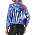 thumbnail image 3 of INSPIRE CHIC Women's Holographic Hooded Shiny Casual Long Sleeve Zipper Metallic Jacket XL Blue Purple, 3 of 5