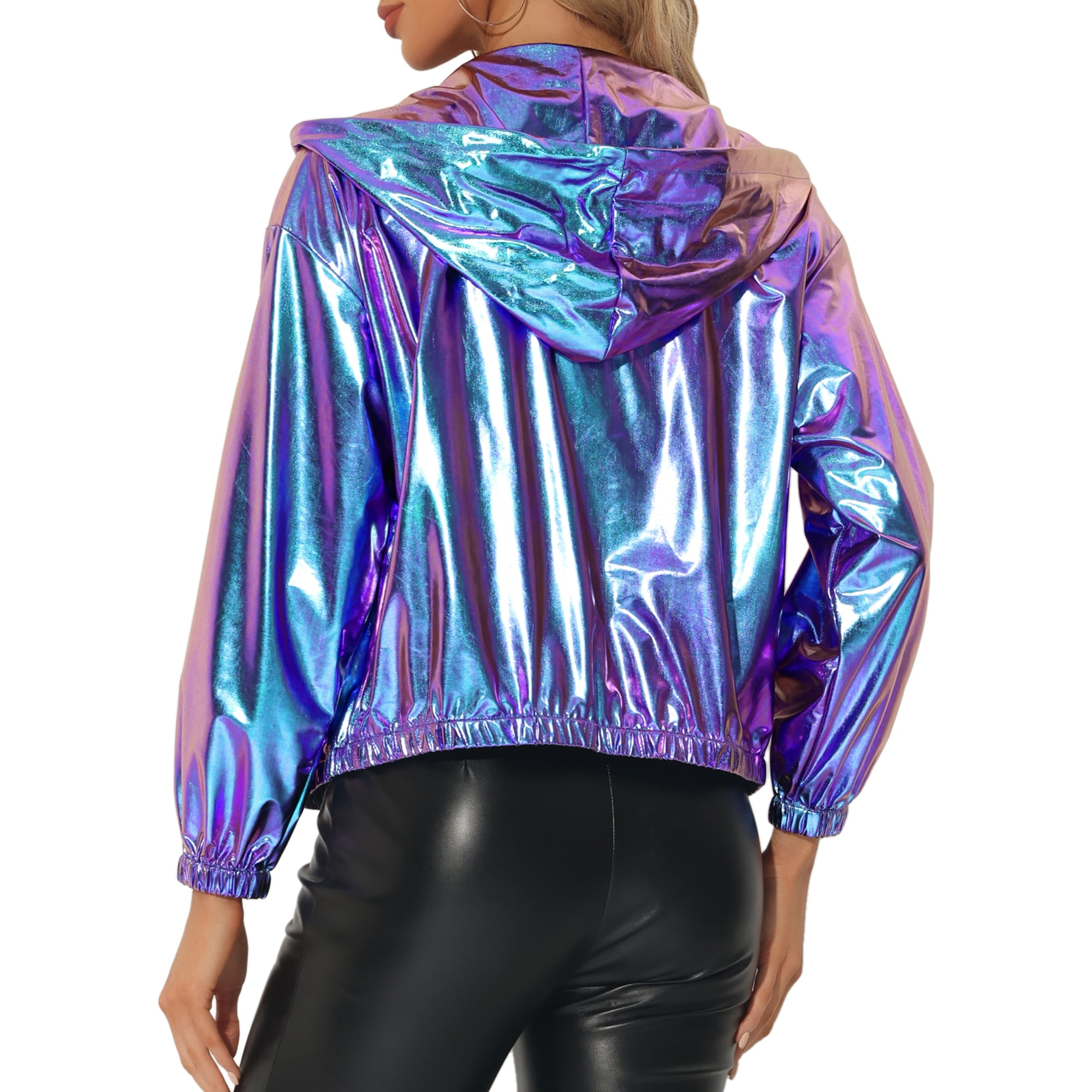 Unique Bargains Women s Holographic Hooded Shiny Casual Long Sleeve Zipper Metallic Jacket Blue Purple XL Walmart