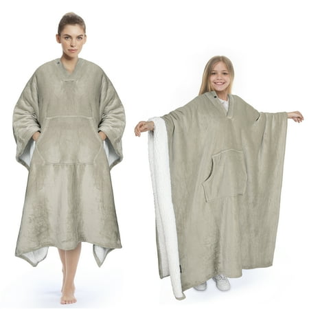 Sherpa Poncho Blanket Super Soft Comfy Plush Wearable Fleece Blanket for Adult