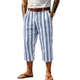 thumbnail image 2 of Men's Linen Pants Casual Elastic Waist Button Fly Cropped Trousers, Comfortable Straight Leg Pants with Pockets, Drawstring Lightweight Breathable Summer Travel Beach | AESTIVO,Light Blue XL, 2 of 8