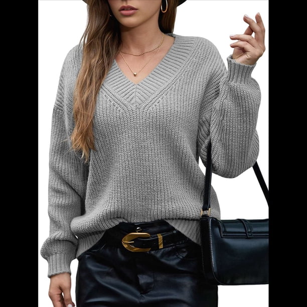 Suéter de Larga con Cuello en V para Mujer, Suéter Holgado de Punto Grueso de Gran Tamaño. Gris L
