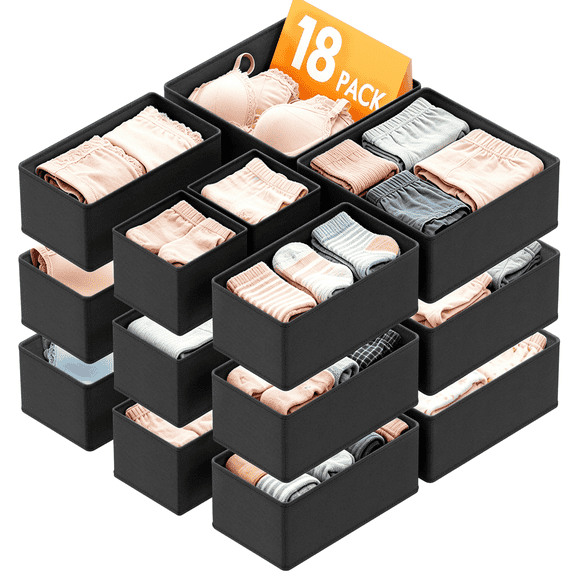 PLUMEBAY 18 Pack Drawer Organizer for Clothes, Dresser Drawer Organizer Bins, Closet Storage Dividers, Black
