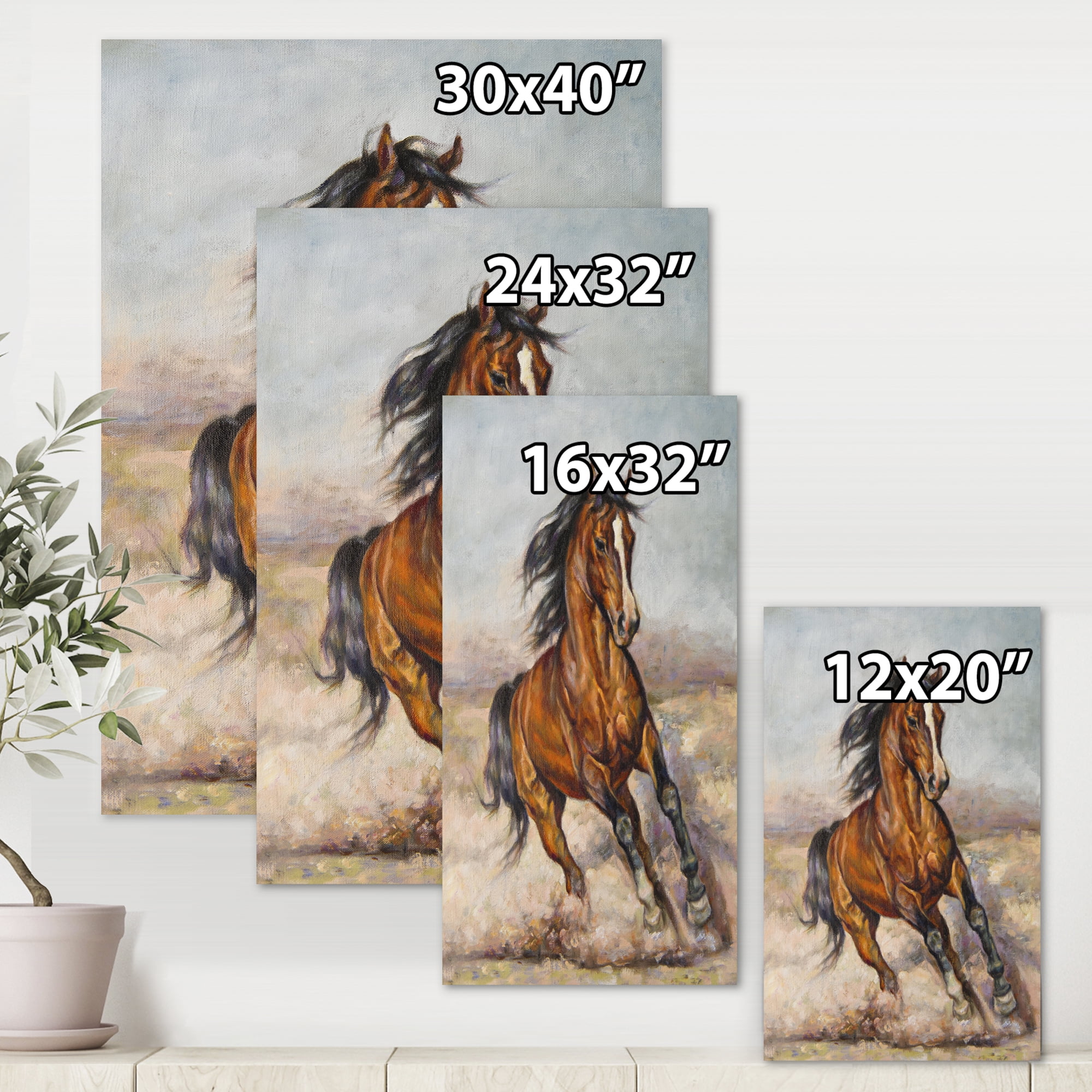 A Brown Horse In The Race 12 in x 8 in Painting Canvas Art Print, by Designart