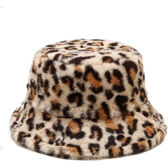 Women's Leopard Print Faux Fur Bucket Hat Fluffy Winter Warmer Plush Fisherman Cap