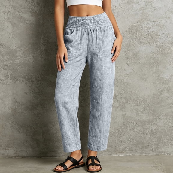Womens Baggy Barrel Pants Wide Leg High Smocked Waisted Lounge Pants Summer 2026 Beach Vacation Casual Trousers with Pockets(Light Blue,L)