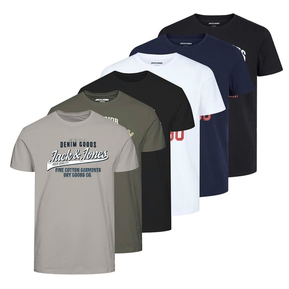 JACK&JONES Camiseta para Hombre, Pack de 6 - JJETHAN TEE CREW NECK, logo vintage, algodón Blanco/Azul marino/Negro/Verde/Gris XXL (XX-Large)