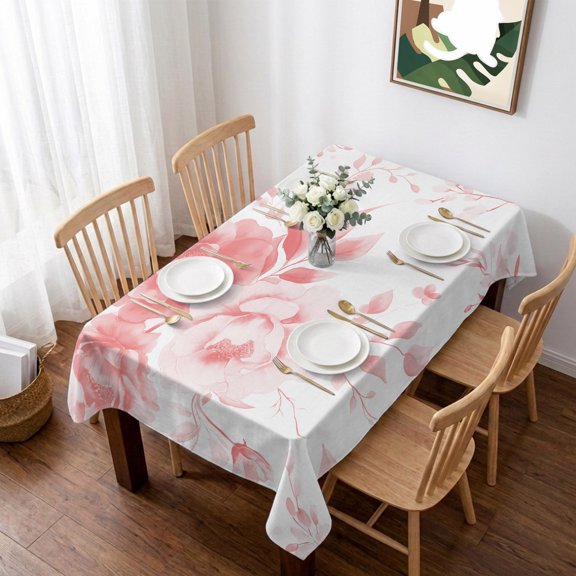 Pink Floral Art Table Cloth Waterproof Tablecloths, Watercolor Botanical Spring Flowers Tablecloth Dining Table Cover for Kitchen Party Tabletop Outdoor, Rectangle Tablecloth 52x70 Inch