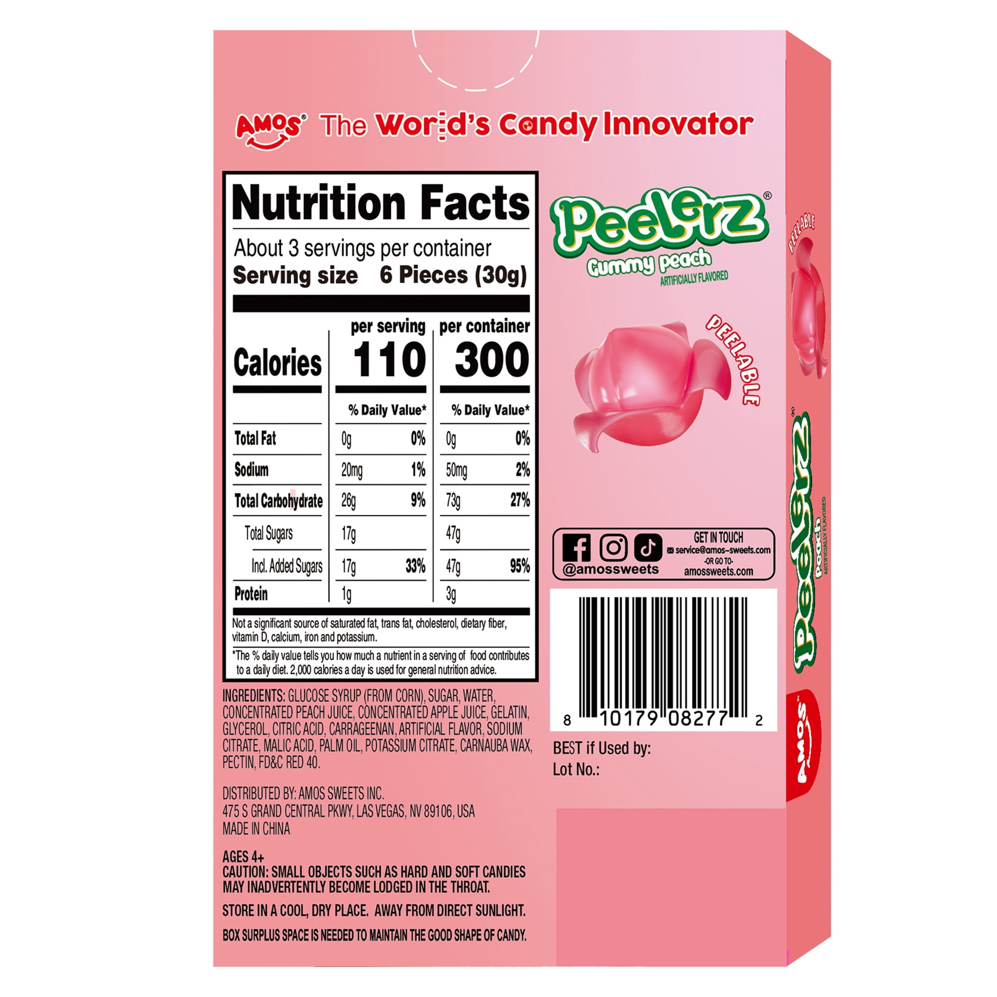 AMOS Peelerz Peach Theatre Box Gummy Candy, Gluten, Milk and Nut Free, 1 Count, 3 Oz