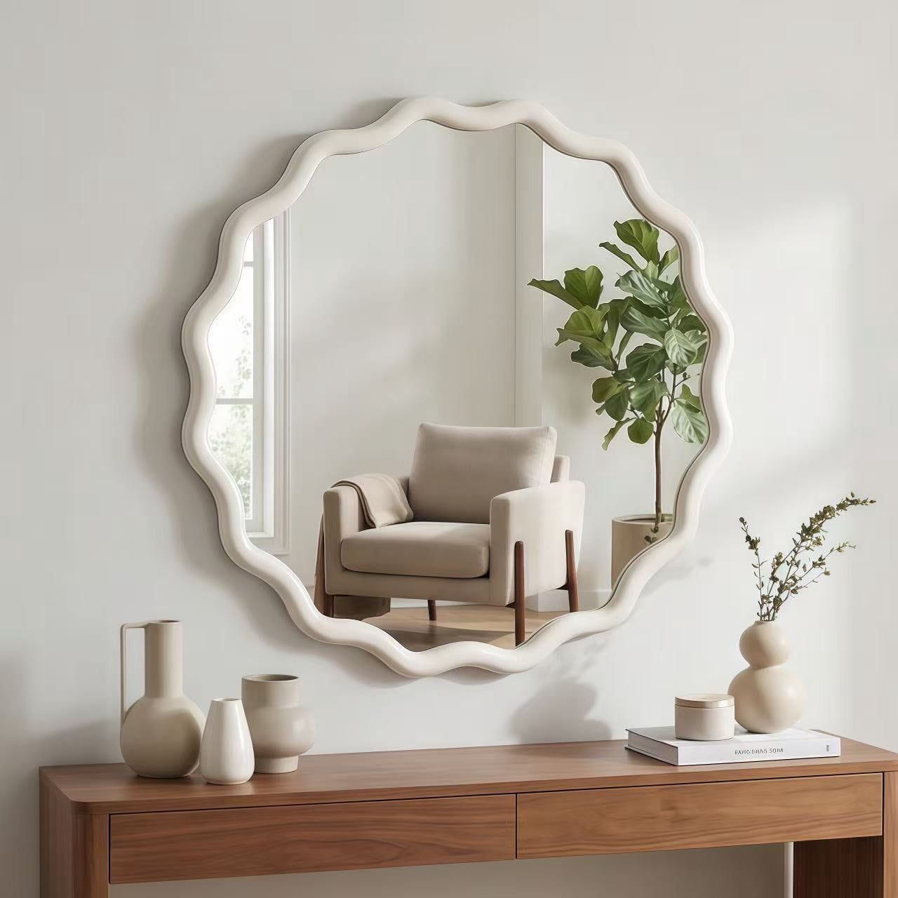 24-Inch Wavy Round Solid Wood Frame Mirror, Decorative Wall Mirror and Vanity Mirror for Bedroom Bathroom Living Room Entryway, White